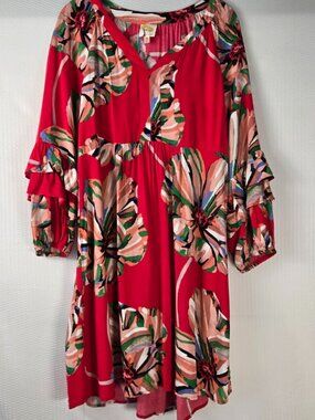 Fig & Flower Boho Red Floral Print Mini Dress with Ruffled Sleeves Size Medium